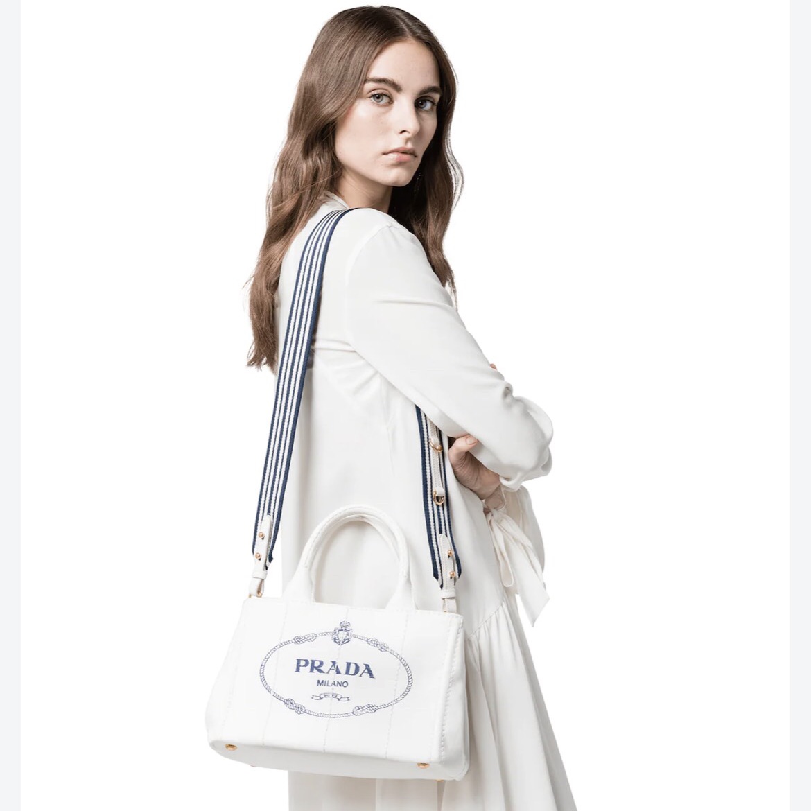 Prada small cotton canvas tote bag in white